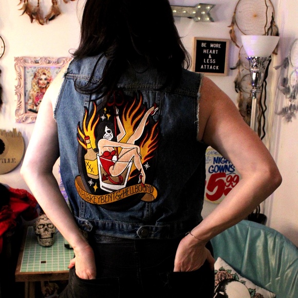 Denim Vest w/ Whiskey Bent & Hellbound Skull Pinup Patch - Picture 2 of 6
